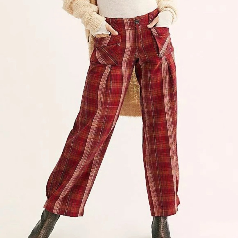 Free People Size 2‎ Birch Wide Leg Pant Plaid Red NWT
